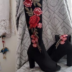 Black floral print peep toe thigh high boots